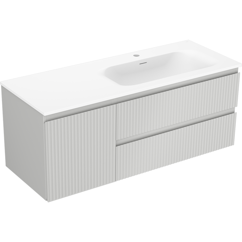 Mexen Rivel kúpeľňová skrinka 120 cm s umývadlom Vela pravá, 2S, 1D, ryhovaná, sivá/biela mat - 91A23-12047-3-BBFFF62-W23P01