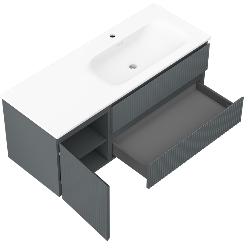 Mexen Rivel kúpeľňová skrinka 120 cm s umývadlom Vela pravá, 2S, 1D, ryhovaná, grafit/biela matná