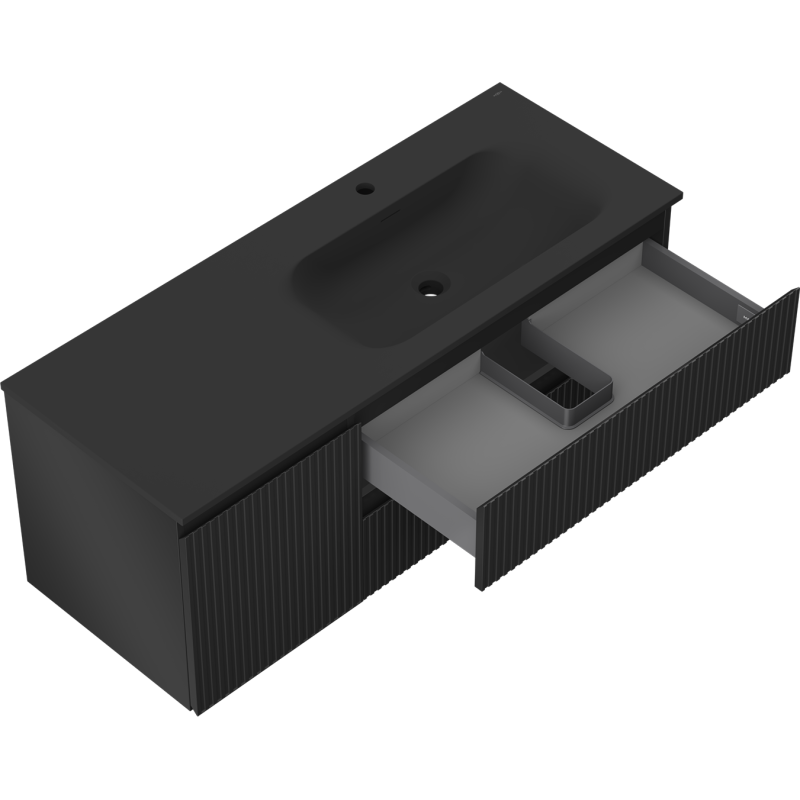 Mexen Rivel kúpeľňová skrinka 120 cm s umývadlom Vela pravá, 2S, 1D, ryhovaná, čierna mat - 91A23-12047-3-BBFFF71-W23P71
