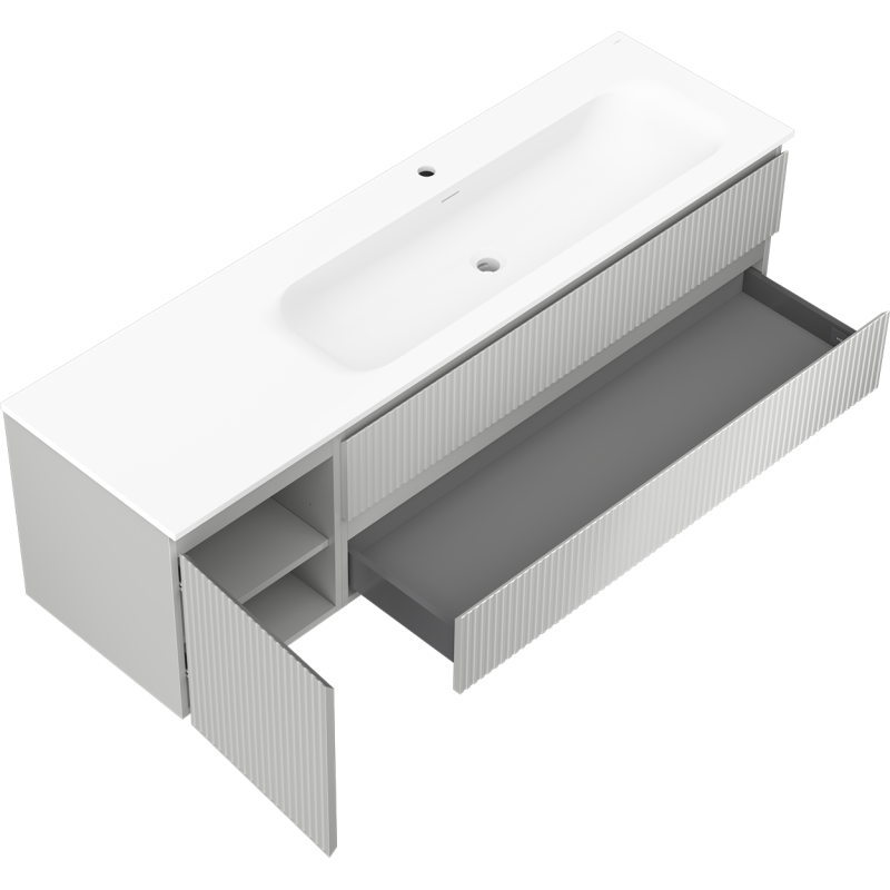 Mexen Rivel kúpeľňová skrinka 160 cm s umývadlom Vela pravým, 2S, 1D, ryhovaná, sivá/biela mat - 91A23-16047-3-BBFFF62-W23P01
