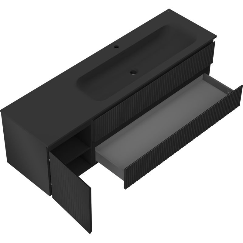 Mexen Rivel kúpeľňová skrinka 160 cm s umývadlom Vela pravá, 2S, 1D, ryhovaná, čierna matná - 91A23-16047-3-BBFFF71-W23P71