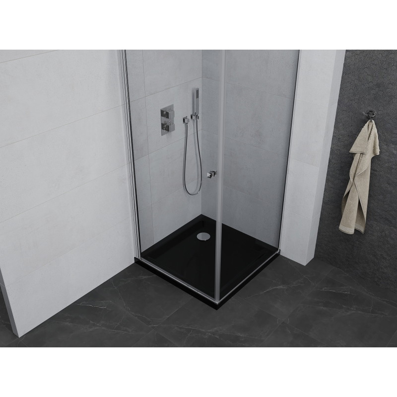 Mexen Pretoria sprchovací kút otvárací 90 x 90 cm, priehľadný, chróm + vanička Flat, čierna - 852-090-090-01-00-4070
