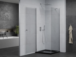 Mexen Pretoria sprchovací kút otvárací 90 x 90 cm, priehľadný, chróm + vanička Flat, čierna - 852-090-090-01-00-4070
