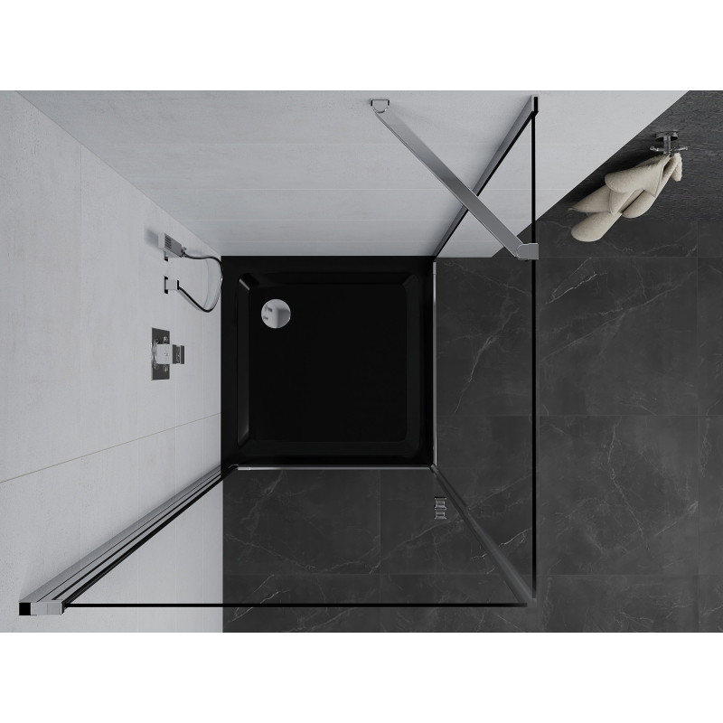 Mexen Pretoria sprchovací kút otvárací 90 x 90 cm, priehľadný, chróm + vanička Flat, čierna - 852-090-090-01-00-4070