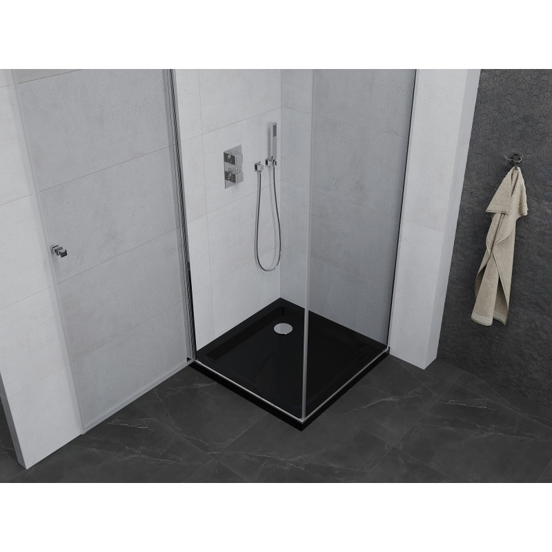 Mexen Pretoria sprchovací kút otvárací 90 x 90 cm, priehľadný, chróm + vanička Flat, čierna - 852-090-090-01-00-4070