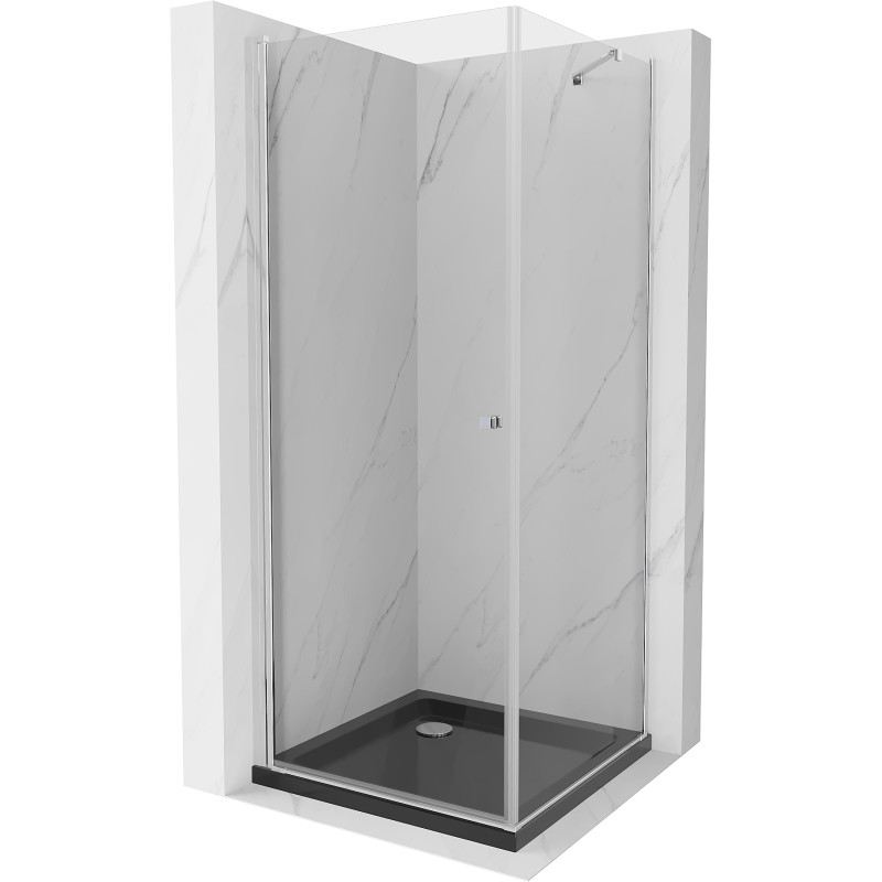 Mexen Pretoria sprchovací kút otvárací 90 x 90 cm, priehľadný, chróm + vanička Flat, čierna - 852-090-090-01-00-4070