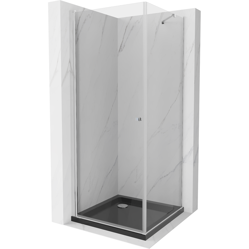 Mexen Pretoria sprchový kút otvárací 90 x 90 cm, transparentný, chróm + vanička Flat, čierny - 852-090-090-01-00-4070