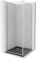 Mexen Pretoria sprchovací kút otvárací 90 x 90 cm, priehľadný, chróm + vanička Flat, čierna - 852-090-090-01-00-4070