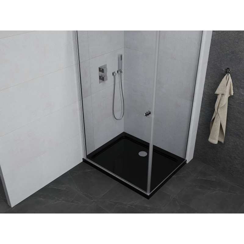 Mexen Pretoria sprchový kút otočný 90 x 110 cm, transparentný, chróm + vanička Flat, čierny - 852-090-110-01-00-4070