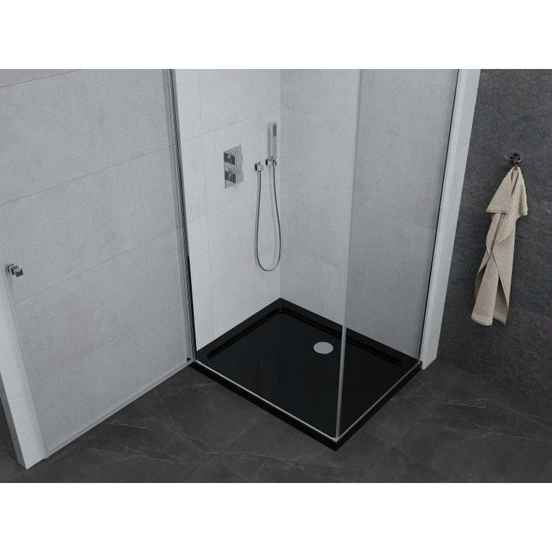 Mexen Pretoria sprchový kút otočný 90 x 110 cm, transparentný, chróm + vanička Flat, čierny - 852-090-110-01-00-4070