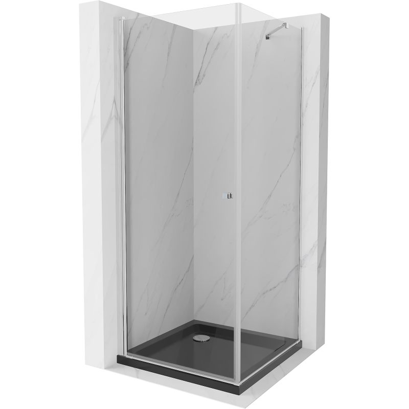 Mexen Pretoria sprchovací kút otvárací 100 x 100 cm, transparentný, chróm + vanička Flat, čierny - 852-100-100-01-00-4070