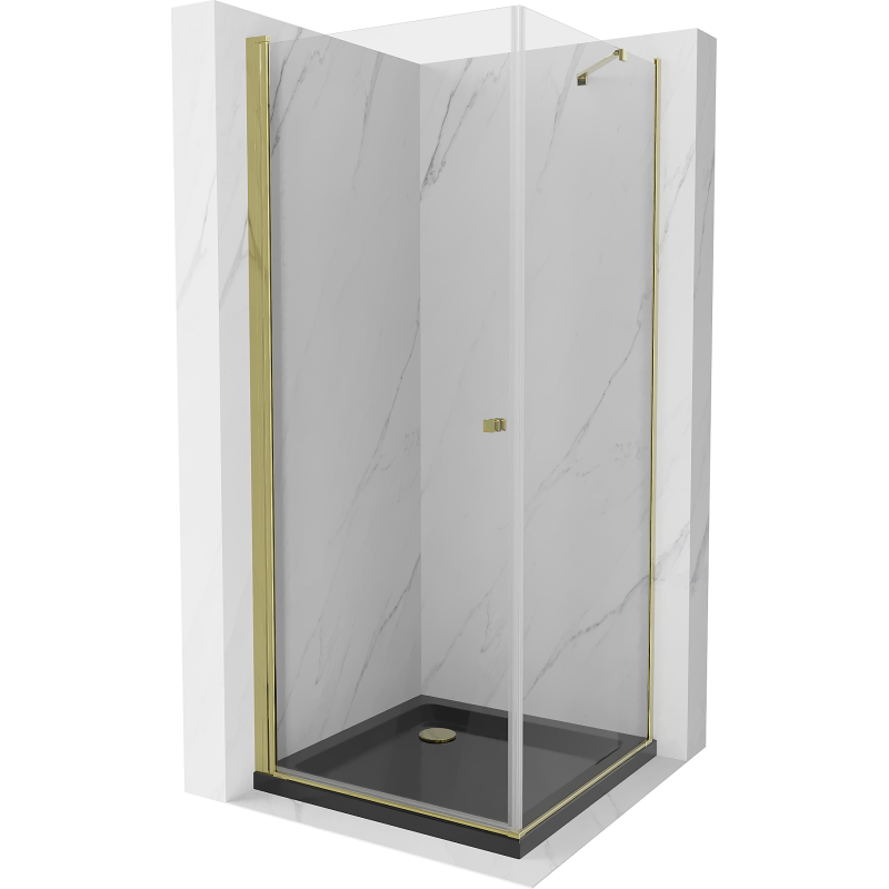 Mexen Pretoria sprchovací kút skladacie 70 x 70 cm, priehľadný, zlatý + vanička Flat, čierna - 852-070-070-50-00-4070G