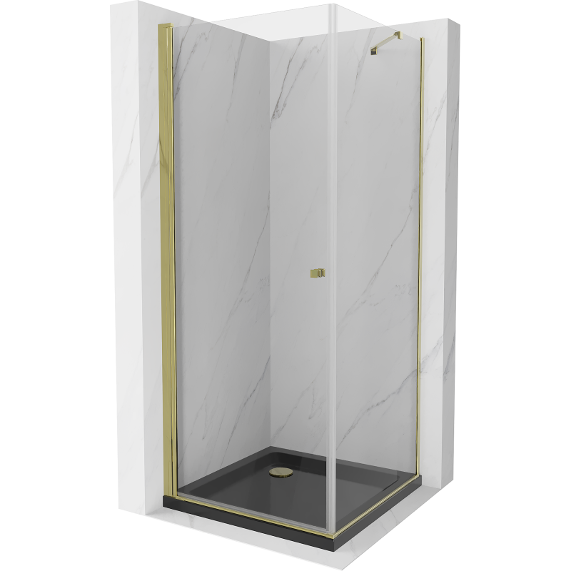 Mexen Pretoria swingový sprchový kút 70 x 70 cm, priehľadný, zlatý + plochá vanička, čierna - 852-070-070-50-00-4070G