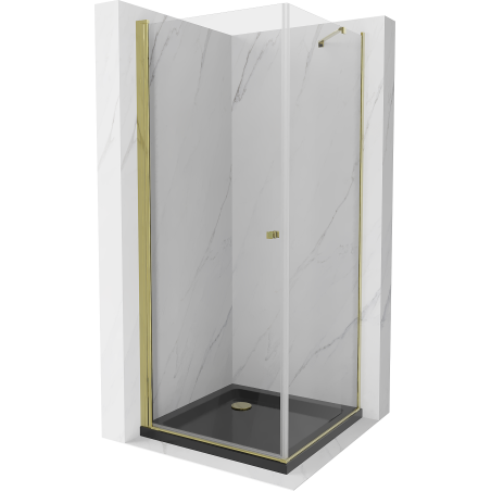 Mexen Pretoria sprchovací kút skladacie 70 x 70 cm, priehľadný, zlatý + vanička Flat, čierna - 852-070-070-50-00-4070G