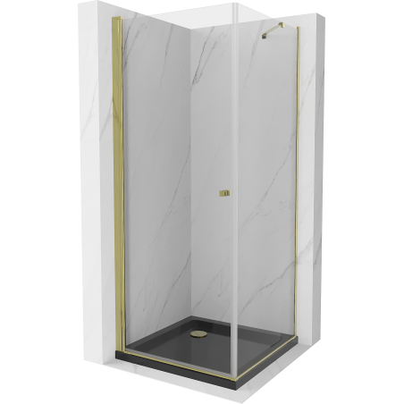 Mexen Pretoria swingový sprchový kút 70 x 70 cm, priehľadný, zlatý + plochá vanička, čierna - 852-070-070-50-00-4070G