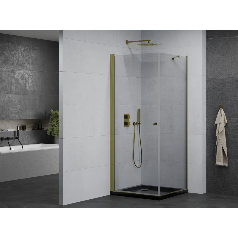 Mexen Pretoria swingový sprchový kút 70 x 70 cm, priehľadný, zlatý + plochá vanička, čierna - 852-070-070-50-00-4070G