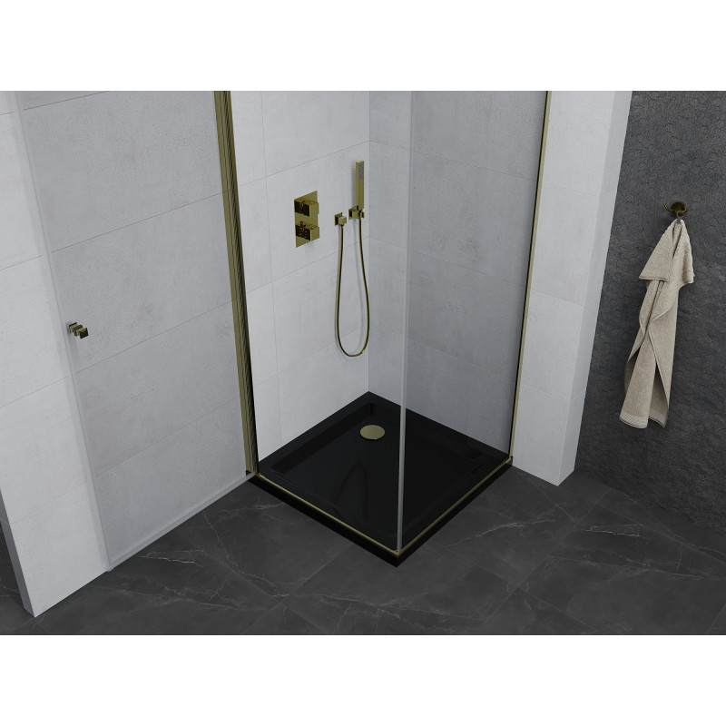 Mexen Pretoria swingový sprchový kút 70 x 70 cm, priehľadný, zlatý + plochá vanička, čierna - 852-070-070-50-00-4070G