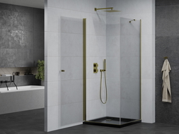 Mexen Pretoria sprchová kabína otváracia 90 x 90 cm, transparentná, zlatá + vanička Flat, čierna - 852-090-090-50-00-4070G