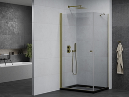 Mexen Pretoria sprchovací kút s otváraním 100 x 80 cm, priehľadný, zlatý + brod Flat, čierny - 852-100-080-50-00-4070G