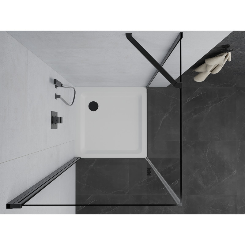 Mexen Pretoria sprchový kút otvárateľný 80 x 80 cm, transparentný, čierny + vanička Flat - 852-080-080-70-00-4010B