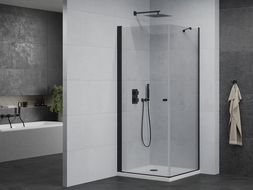 Mexen Pretoria sprchový kút otvárací 90 x 90 cm, transparentný, čierny + vanička Flat - 852-090-090-70-00-4010B