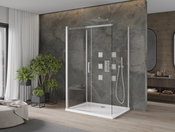 Mexen Omega sprchový kút 3-stenový, posuvný 120 x 80 cm, transparentný, chróm + vanička Flat - 825-120-080-01-00-3s-4010
