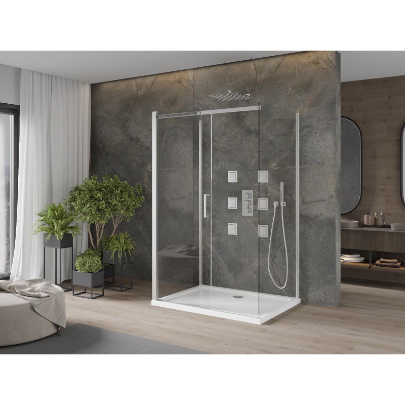 Mexen Omega-3S sprchová kabína 3-stenná, posuvná 120x100 cm, transparentná, chróm + vanička Flat