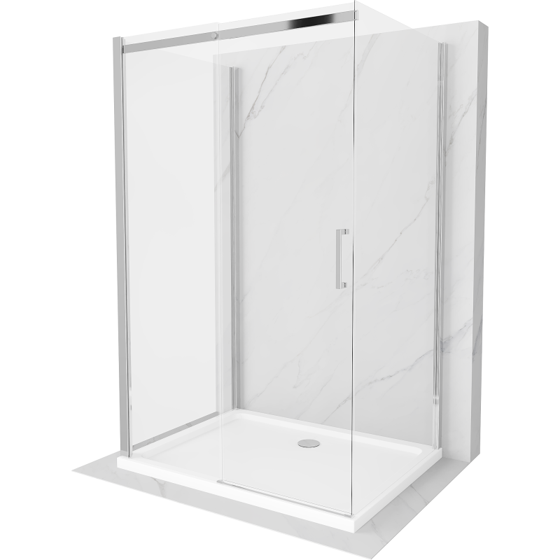 Mexen Omega 3-stenný sprchovací kút, posuvný 140 x 90 cm, priehľadný, chróm + vanička Flat - 825-140-090-01-00-3s-4010