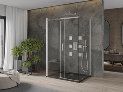 Mexen Omega-3S 3-stenná sprchová kabína, posuvná 120x80 cm, transparentná, chróm + vanička Flat