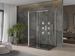 Mexen Omega sprchovací kút 3-stenový, posuvný 140 x 80 cm, transparentný, chróm + vanička Flat - 825-140-080-01-00-3s-4070