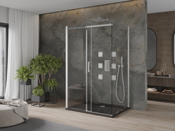 Mexen Omega-3S sprchovací kabína 3-stenná, posuvná 140x90 cm, transparentná, chróm + sprchová vanička Flat