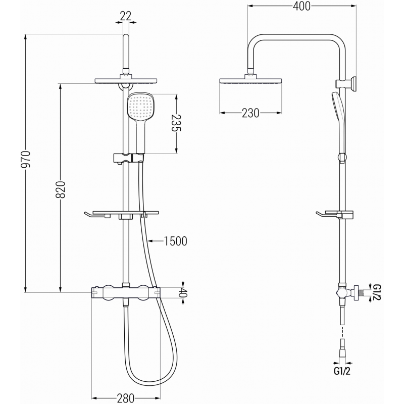 Mexen KT33 povrchová sprchová súprava s dažďovou sprchovou hlavicou a termostatickou batériou, čierna - 771503393-70