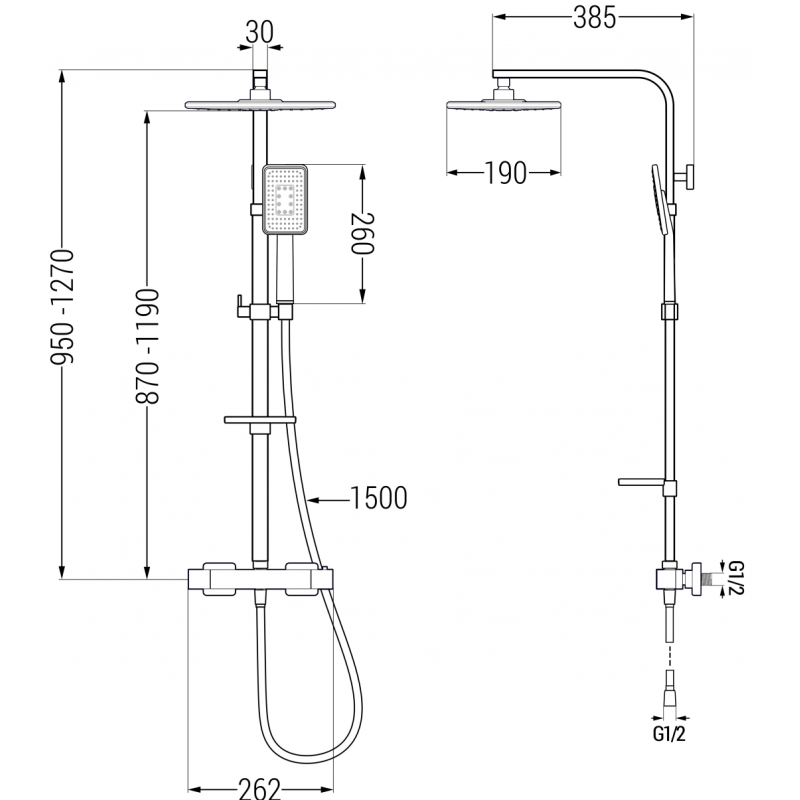 Mexen CQ54 nástenná sprchová súprava s dažďovou hlavicou a termostatickou batériou, čierna/chróm - 772505495-71