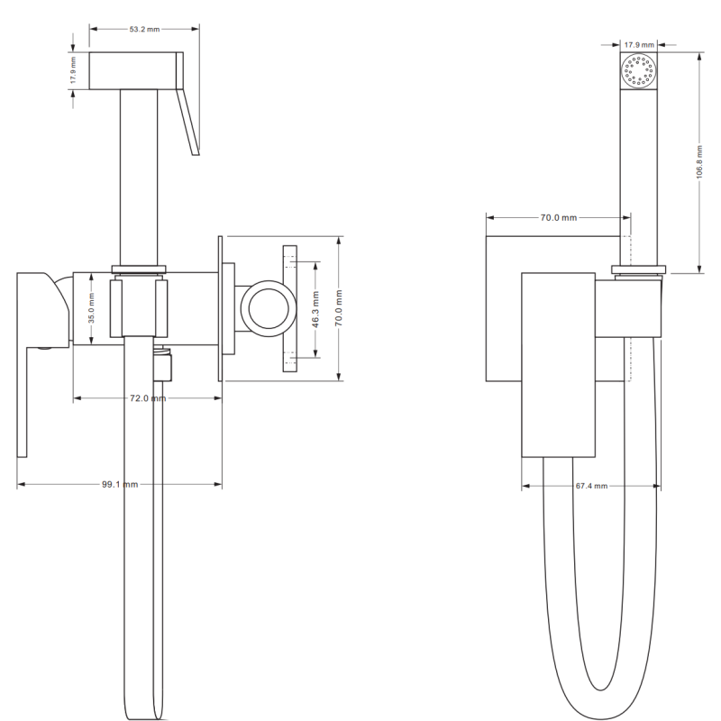 Mexen Cube podomietková bidetová batéria so sprchovou súpravou, čierna - 7599150-70