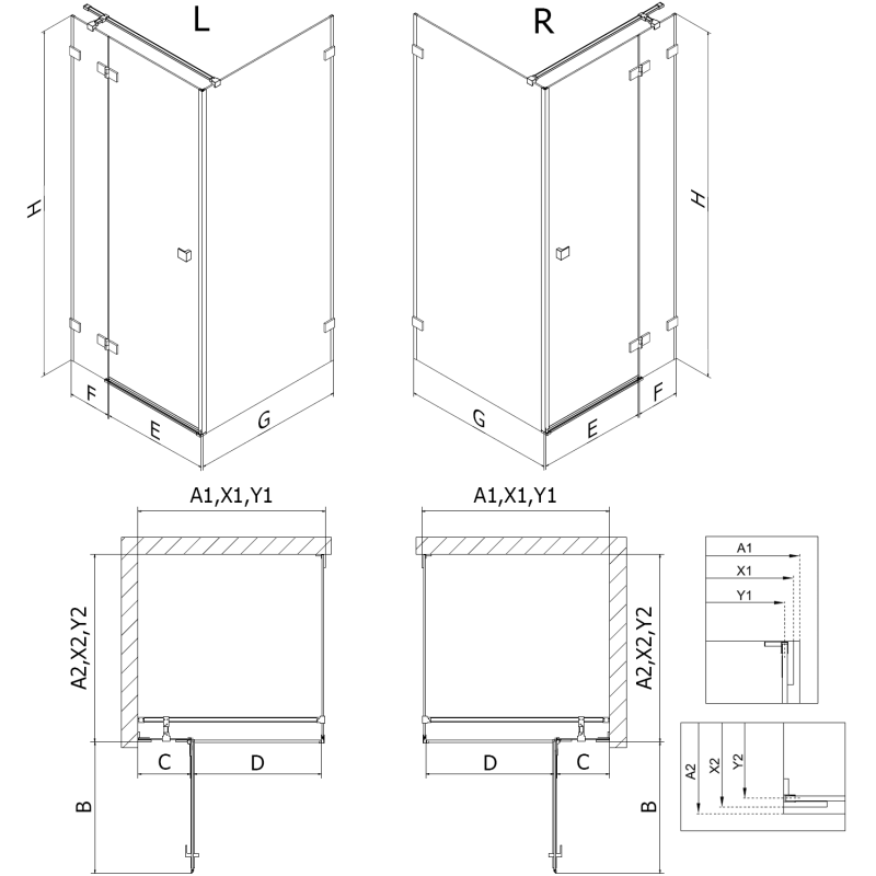 Mexen Lunar T sprchový kút pravý 70 x 90 cm, transparentný, brúsený nikel - 834T-070-090-97-00-P