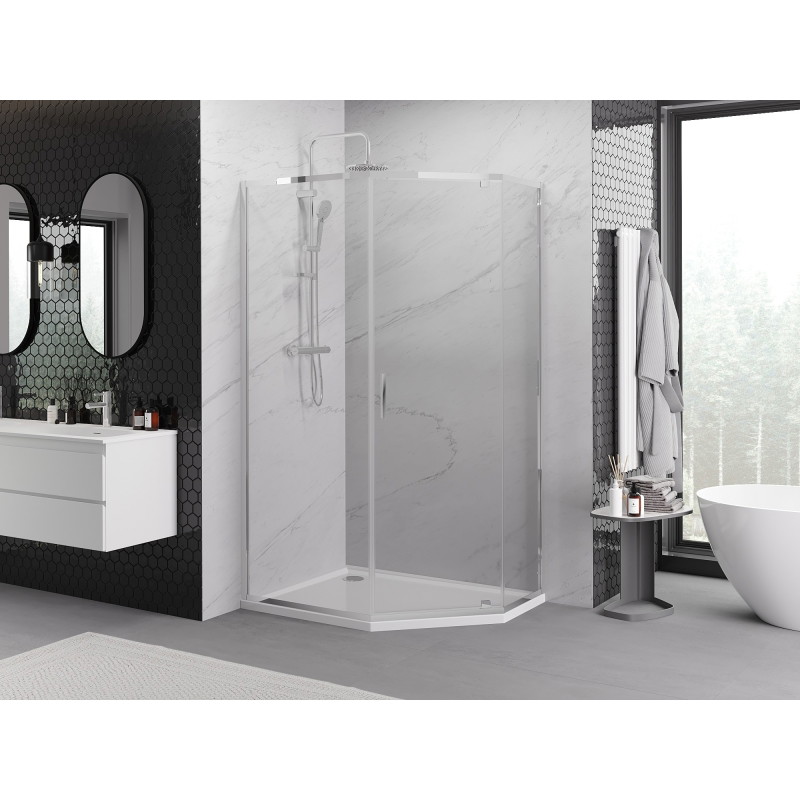 Mexen Exo-R päťuholníková sprchová kabína s otváracími dverami 90 x 80 cm, transparentná, chróm - 812-090-080-01-00