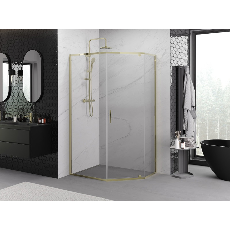 Mexen Exo-R Päťuholníkový sprchovací kút s otváracími dverami 90 x 80 cm, priehľadný, zlatý - 812-090-080-50-00