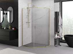 Mexen Exo-R Päťuholníkový sprchovací kút s otváracími dverami 90 x 80 cm, priehľadný, zlatý - 812-090-080-50-00