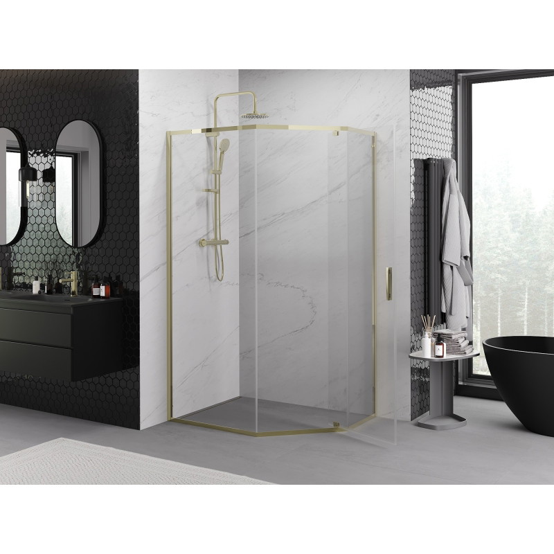 Mexen Exo-R Päťuholníkový sprchovací kút s otváracími dverami 90 x 80 cm, priehľadný, zlatý - 812-090-080-50-00
