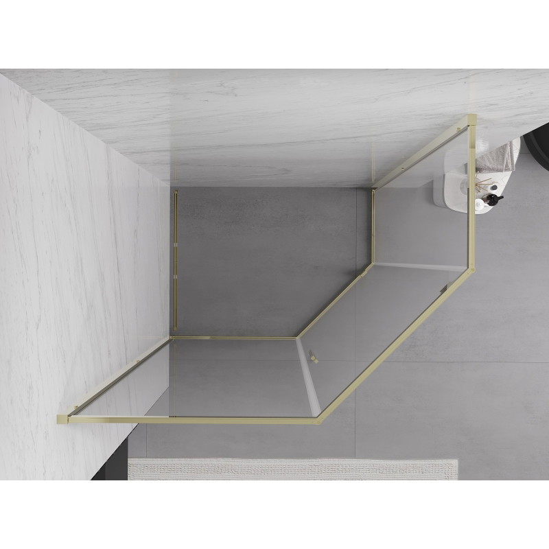Mexen Exo-R Päťuholníkový sprchovací kút s otváracími dverami 90 x 80 cm, priehľadný, zlatý - 812-090-080-50-00