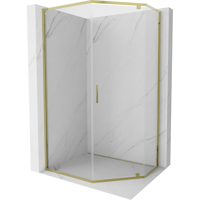 Mexen Exo-R Päťuholníkový sprchovací kút s otváracími dverami 90 x 80 cm, priehľadný, zlatý - 812-090-080-50-00