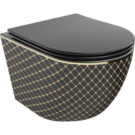 Mexen Lena WC misa Rimless so sedadlom s pomalým sklápaním slim, duroplast, čierna matná/zlatý vzor mriežky - 30224079
