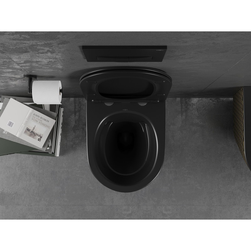 Mexen Lena WC misa Rimless s pomaly zatvárajúcim sa tenkým duroplastovým sedákom, čierna matná/zlatý vzor mriežky