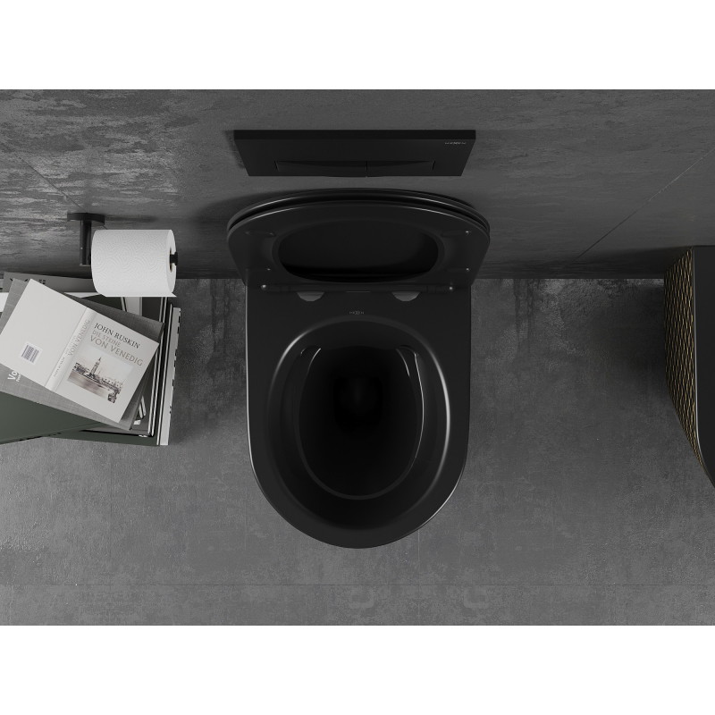 Mexen Lena WC misa Rimless so sedadlom s pomalým sklápaním slim, duroplast, čierna matná/zlatý vzor mriežky - 30224079