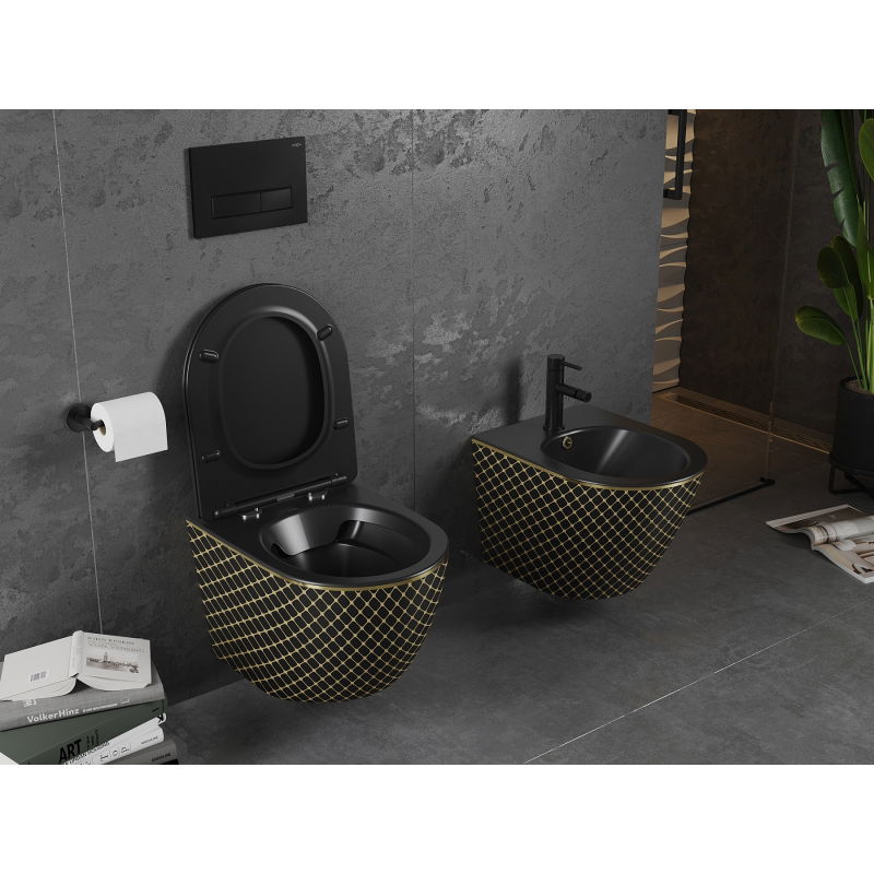 Mexen Lena miska wc Rimless s doskou s pomalým zatváraním slim, duroplast, čierna matná/zlatý vzor mriežka - 30224079