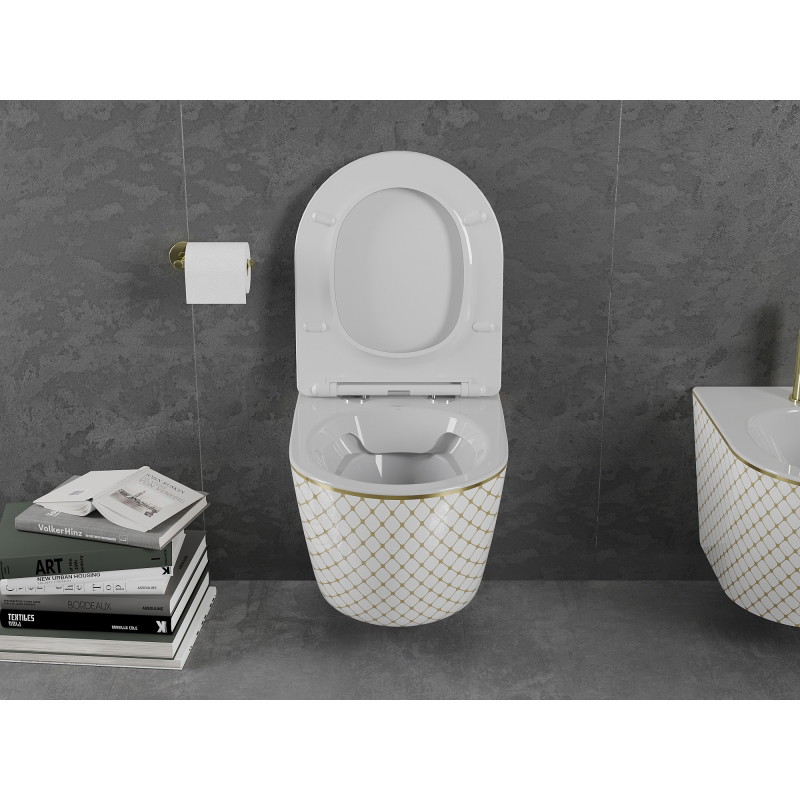 Mexen Lena WC misa Rimless so spomaľovacou, tenkou duroplastovou doskou, biela/zlatá vzor mriežka - 30224009