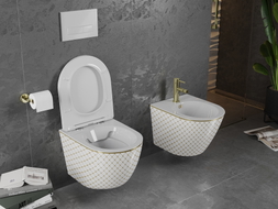 Mexen Lena WC misa Rimless s doskou pomaly zatvárajúca slim, duroplast, biela/zlatá vzor mriežka - 30224009