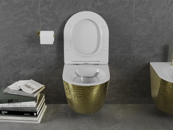 Mexen Lena miska WC Rimless so spomaľujúcim sedadlom slim, duroplast, biela/zlatá vzor šupiny - 30224008