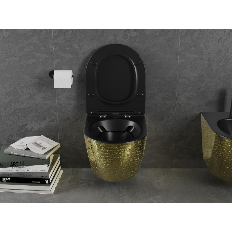 Mexen Lena WC misa Rimless s pomaly sklopnou doskou slim, duroplast, čierna matná/zlatý vzor šupiny - 30224078