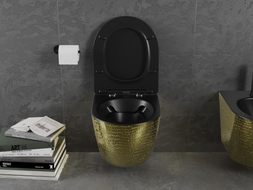 Mexen Lena WC misa Rimless s pomaly zatvárajúcim sa tenkým WC sedadlom, duroplast, čierna matná/zlatý vzor šupiny